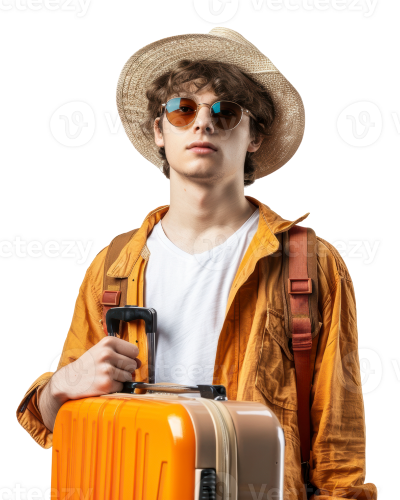 Traveler with sunglasses and luggage isolated on transparent background png