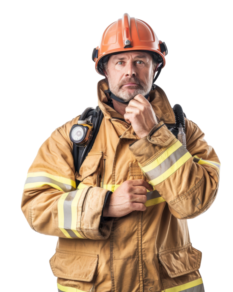 Firefighter man in full gear thinking pose isolated on transparent background png