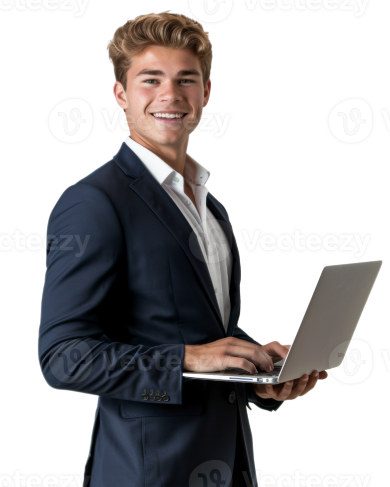Young male businessman in blue suit holding laptop isolated on transparent background png