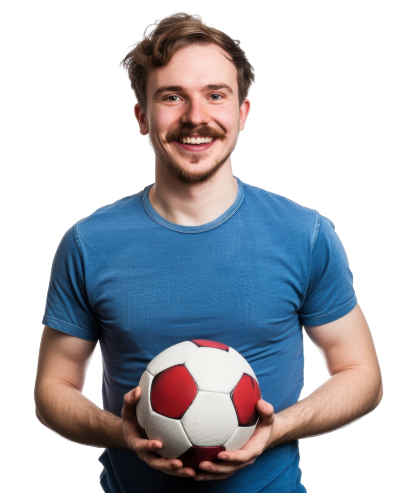 Smiling Young Man Holding Soccer Ball Isolated on Transparent Background png
