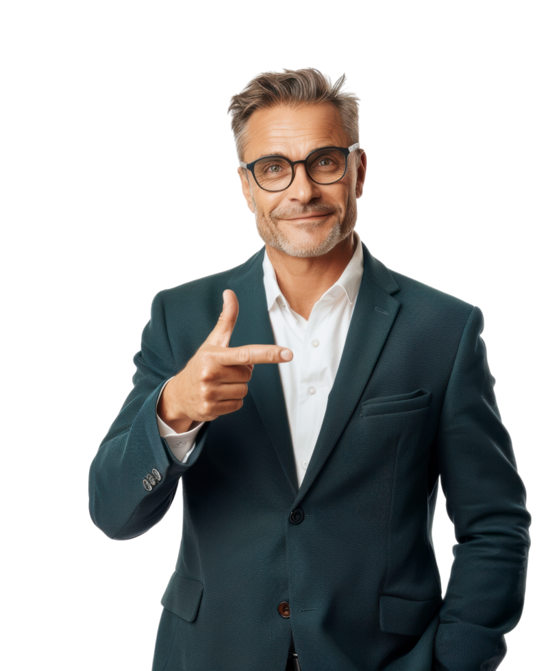 Young Man in Gray Suit Pointing Isolated on Transparent Background png
