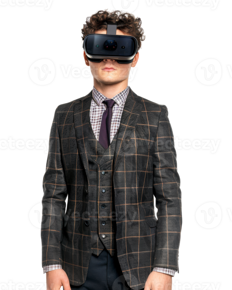 Young boy in checkered suit with VR goggles isolated on transparent background png