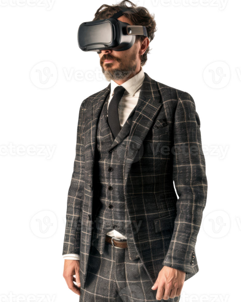 Professional man in plaid suit experiencing VR experience isolated on transparent background png