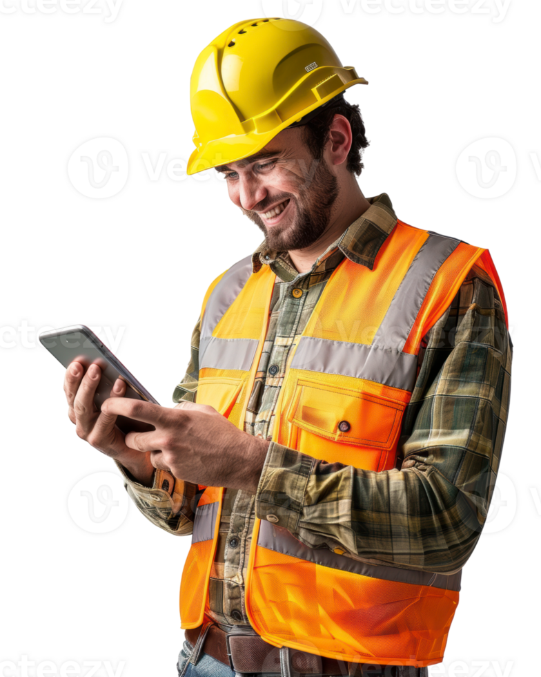 Construction worker using a smartphone isolated on transparent background png
