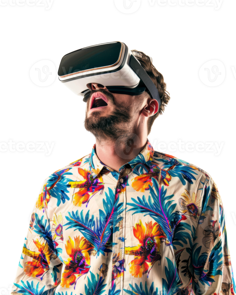 young Man in floral shirt using VR headset isolated on transparent background png