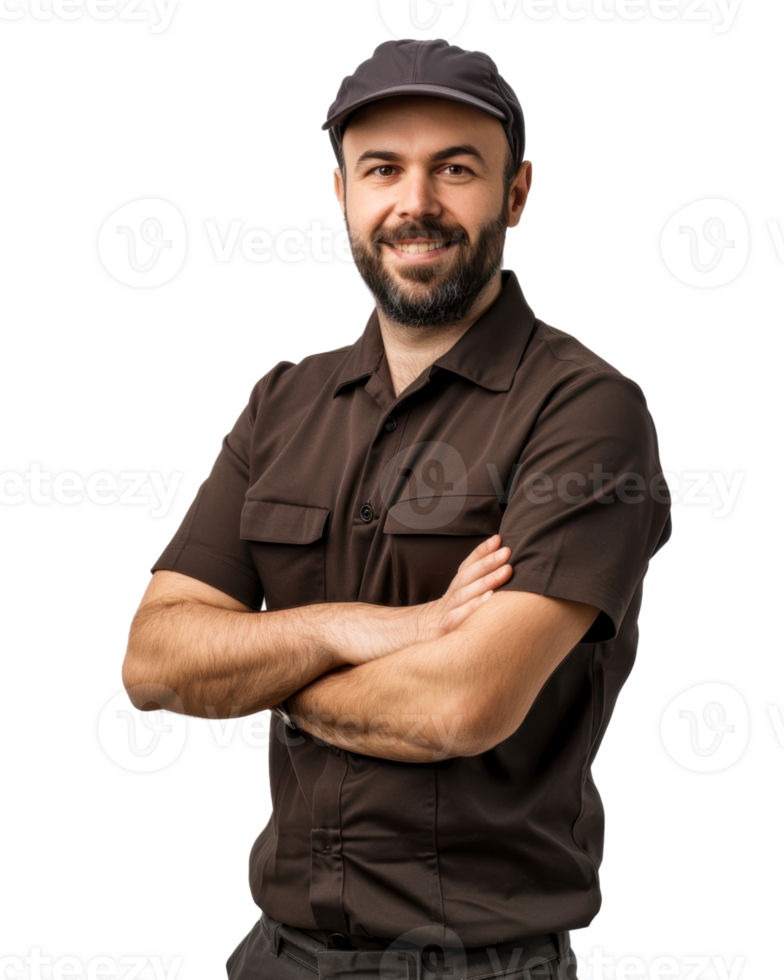 Male delivery worker in brown uniform with arms crossed isolated on transparent background png