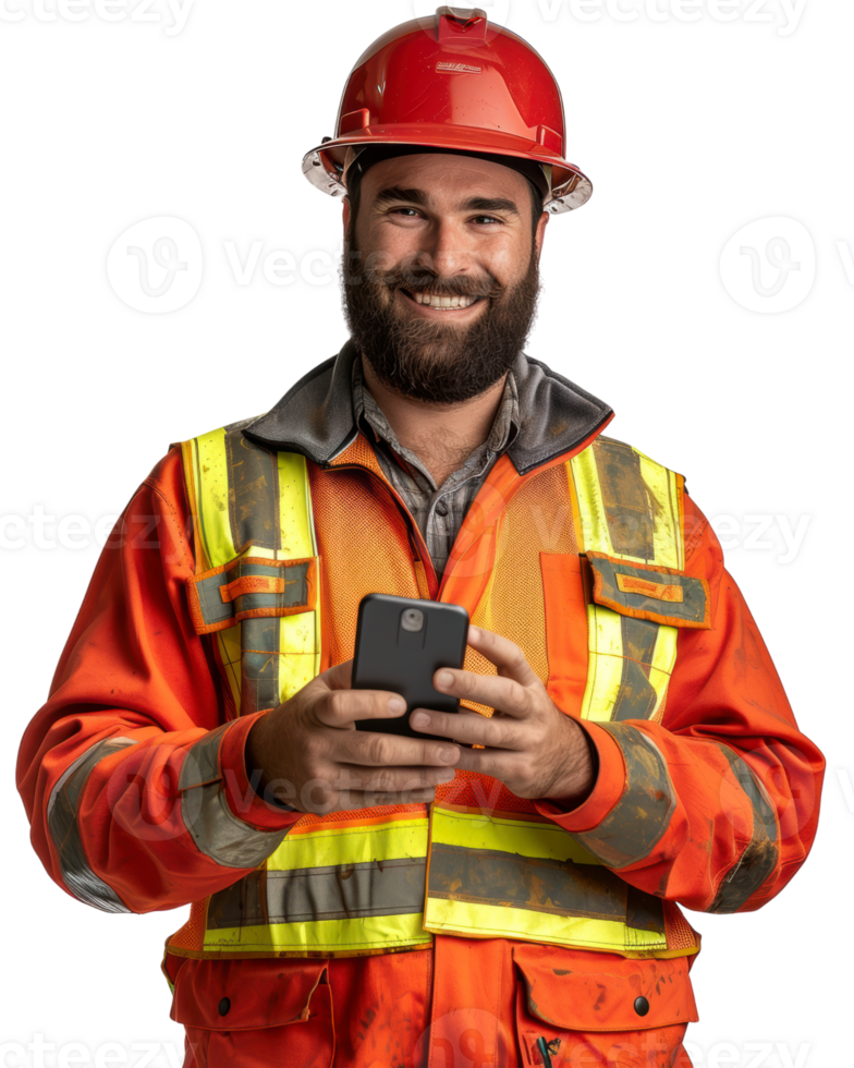 Construction worker using a smartphone isolated on transparent background png