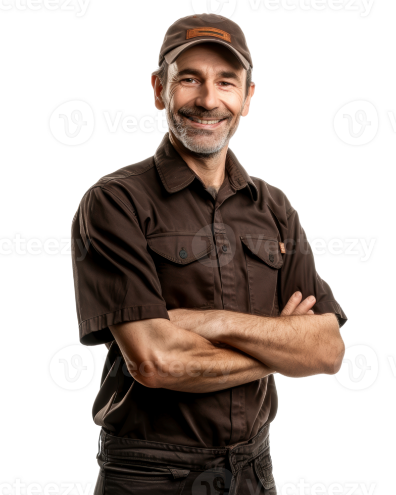 Male delivery worker in brown uniform with cap isolated on transparent background png