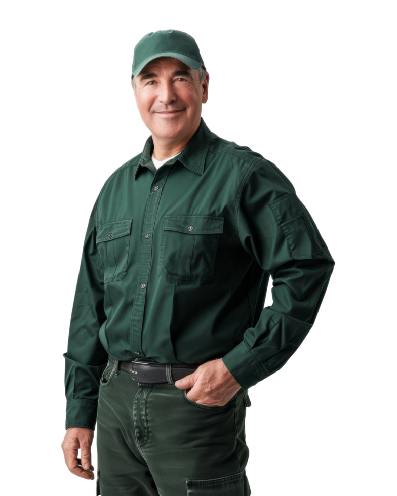Man in Green Worker Uniform Isolated on Transparent Background png