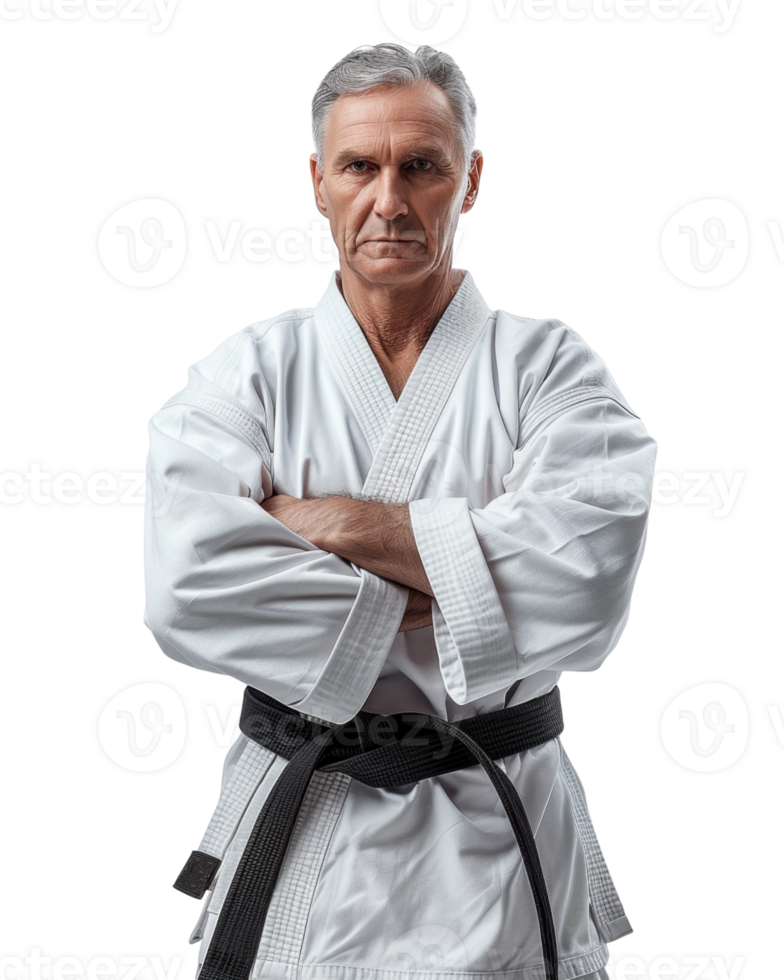 Confident Senior Man in a White Karate Gi with a Black Belt isolated on transparent background png