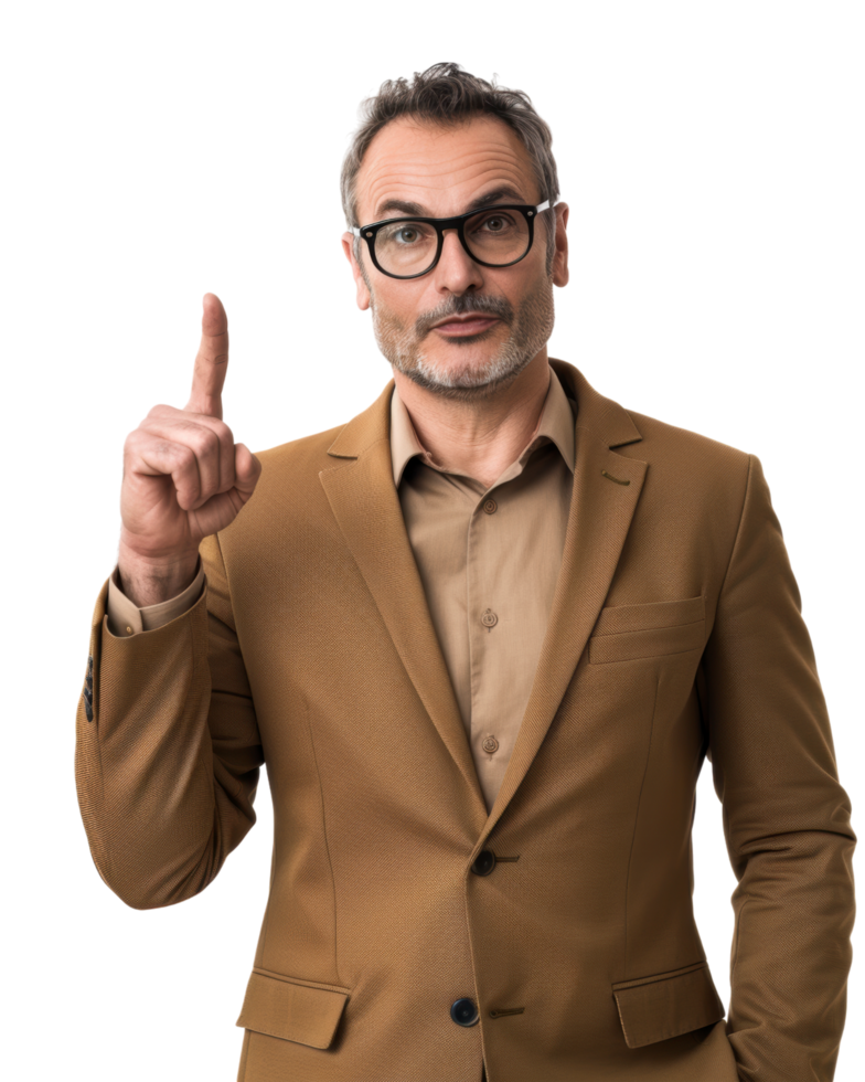 Happy Man Pointing Upward in Brown Jacket Isolated on Transparent Background png