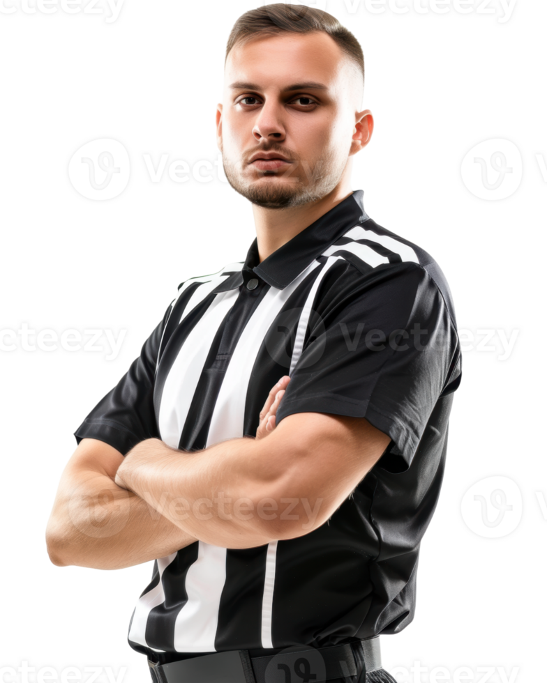 Male referee with black and white striped shirt arms crossed isolated on transparent background png