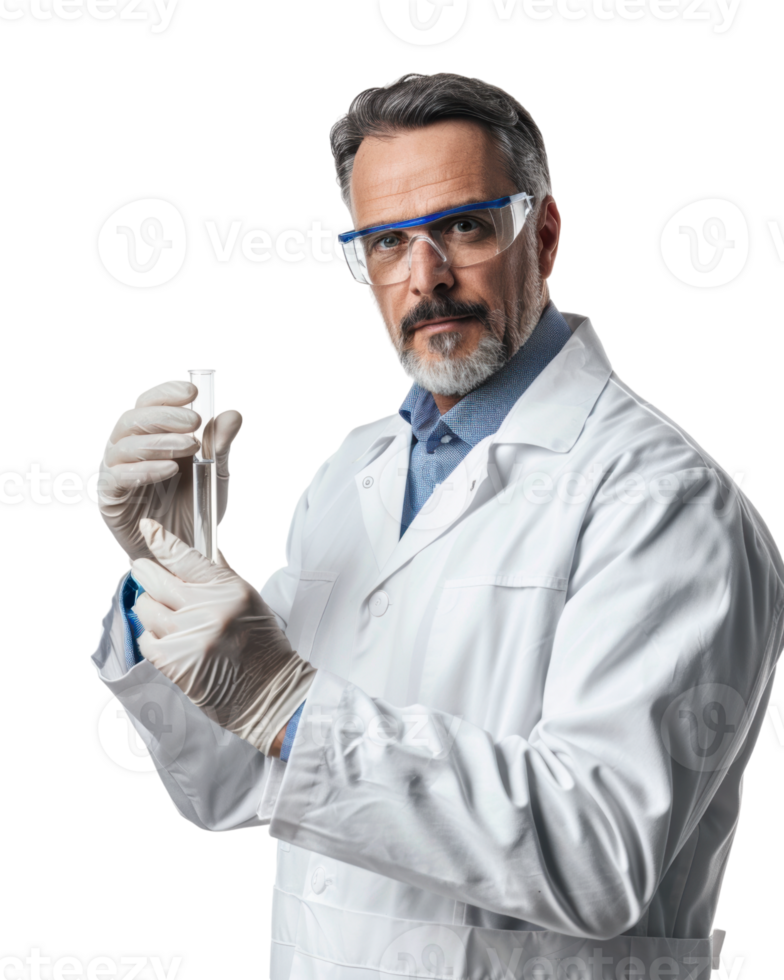 Male scientist in lab coat holding test tubes isolated on transparent background png