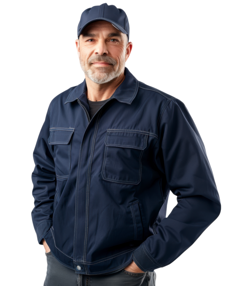 Middle-Aged Man in Dark Blue Uniform with Cap Isolated on Transparent Background png