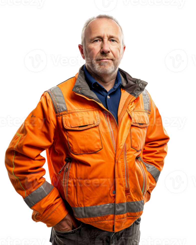 Senior engineer man in Orange Jacket Isolated on Transparent Background png