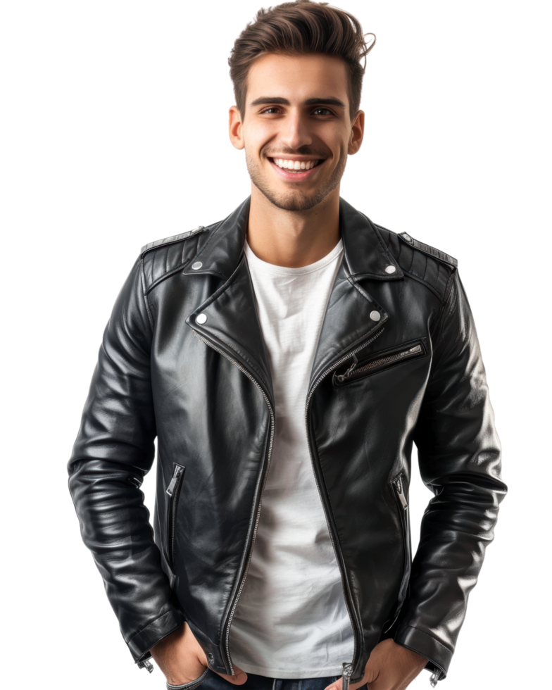 Man in Leather Jacket with Hands in Pockets Isolated on Transparent Background png