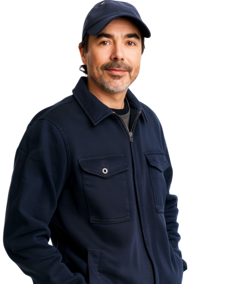 Smiling Man in Dark Blue Cap and Shirt Isolated on Transparent Background png