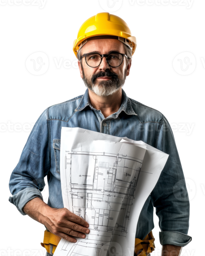 Confident Man in Safety Helmet Holding Blueprints Isolated on Transparent Background png