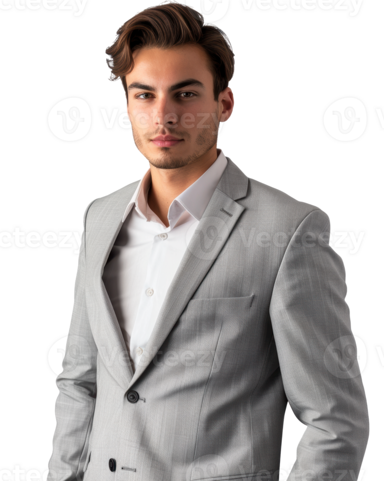 Young male businessman in light gray suit isolated on transparent background png