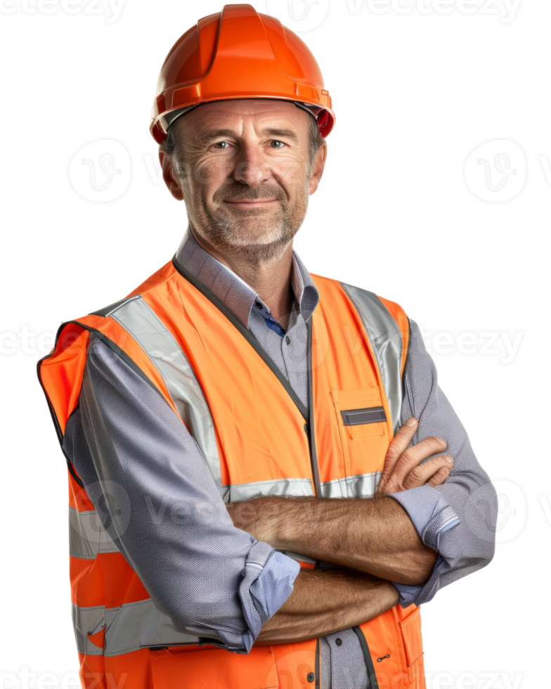 Smiling Senior engineer man in Orange Safety Vest Isolated on Transparent Background png