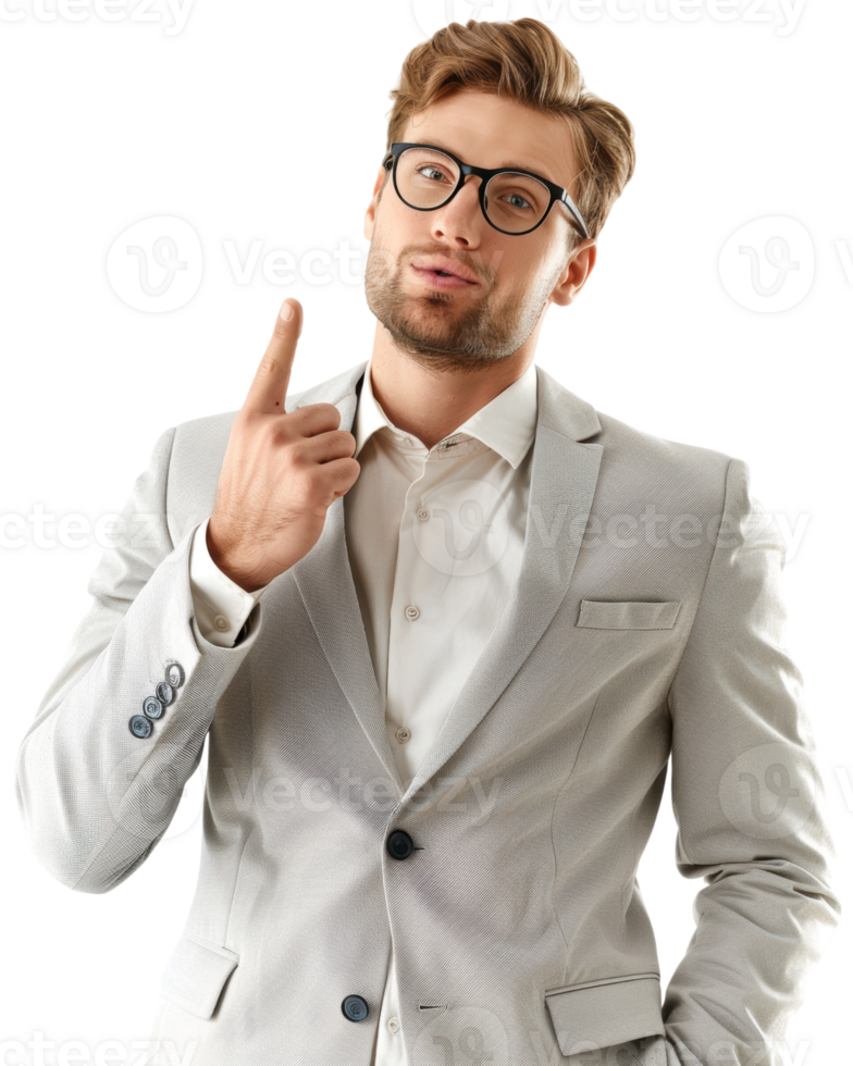 Young male businessman in light gray suit with hand raised isolated on transparent background png
