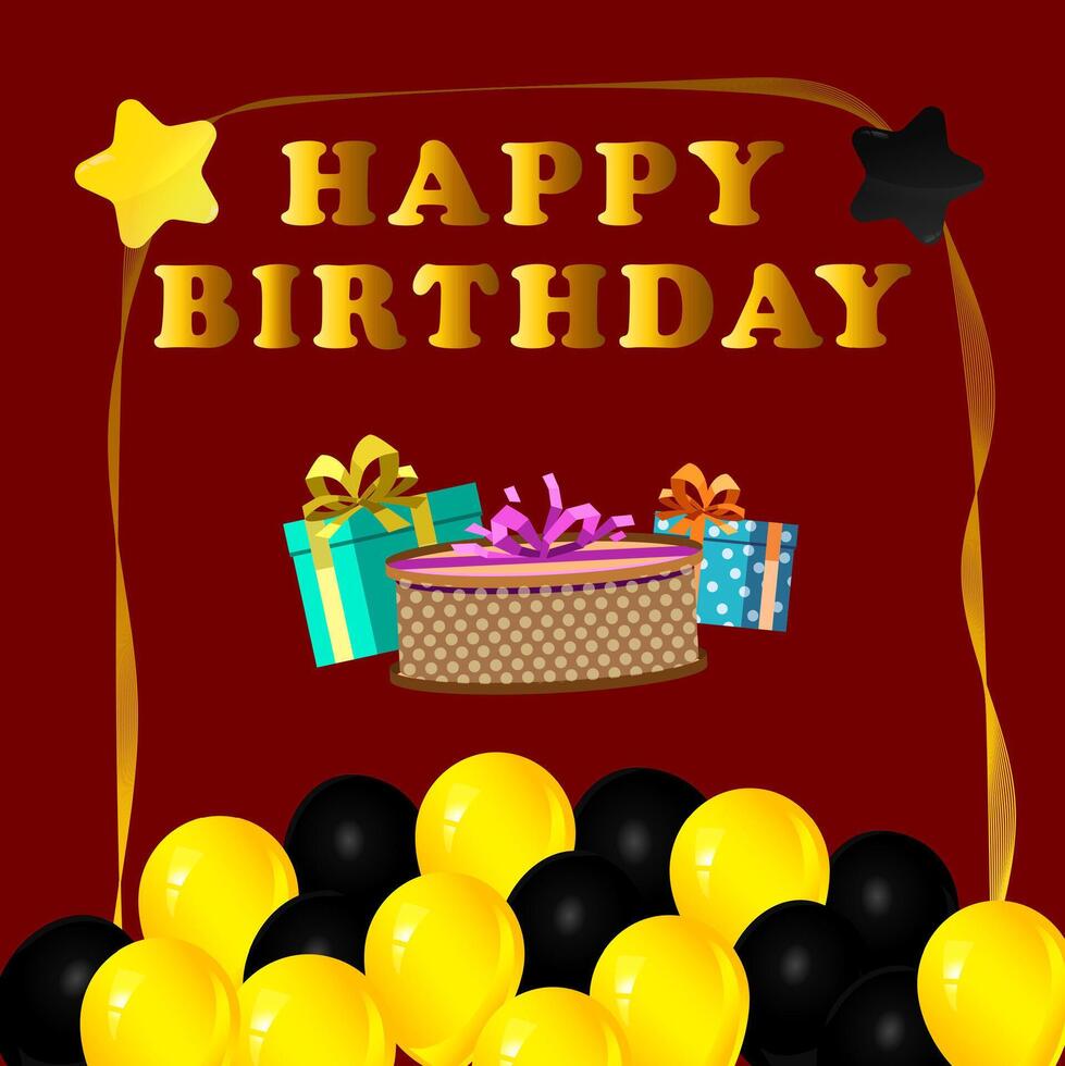 Luxury birthday greeting design. Birthday greeting text with gifts, star balloons, yellow and black inflatable balloons. vector