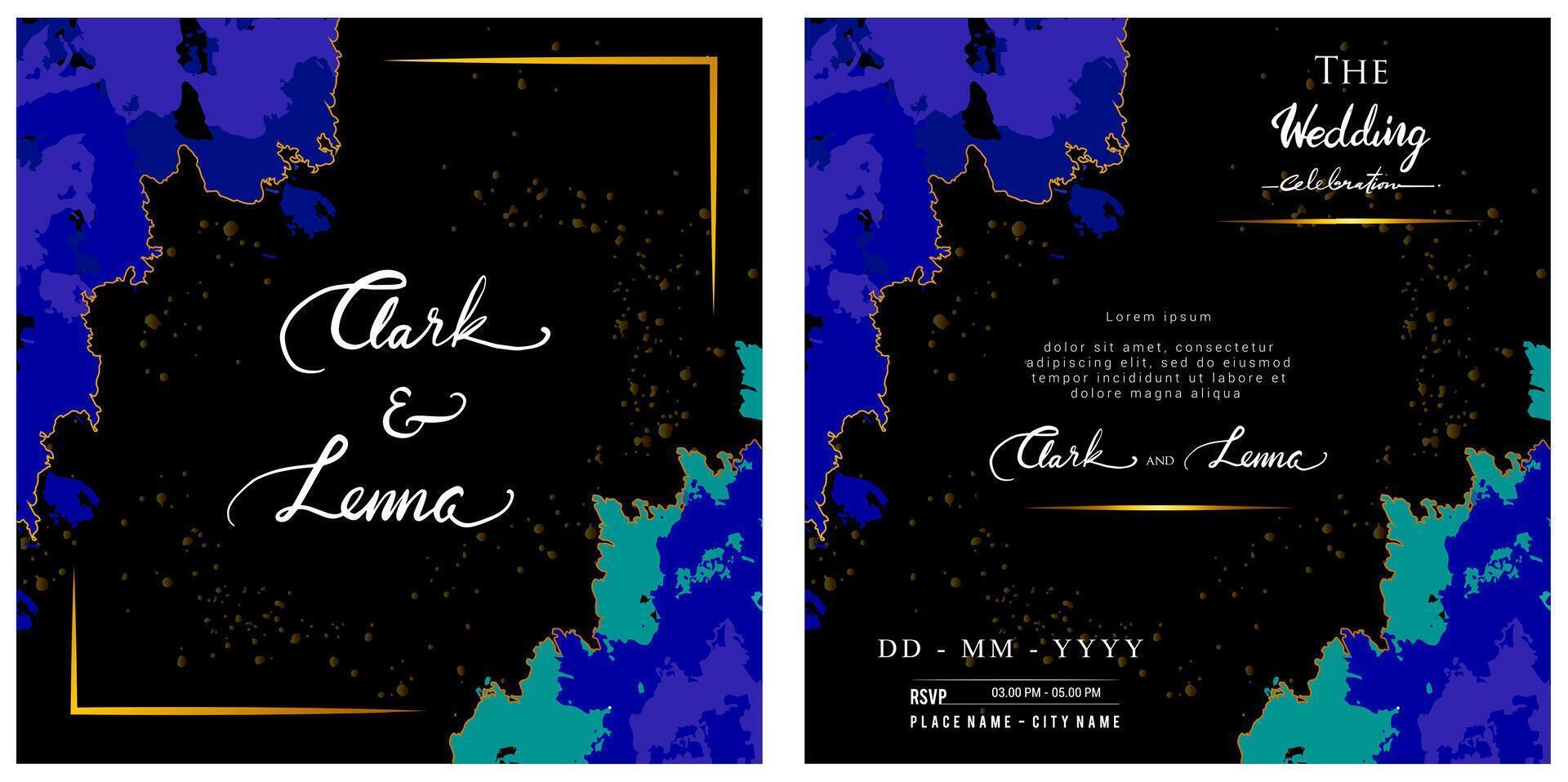 blue liquid watercolor wedding invitation, with a luxurious impression. gold grain splash. with a black base color vector