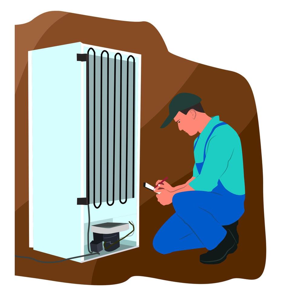 Refrigerator repair service. Expert technician checking broken refrigerator equipment in the kitchen. Refrigeration worker. Flat illustration isolated on white background vector