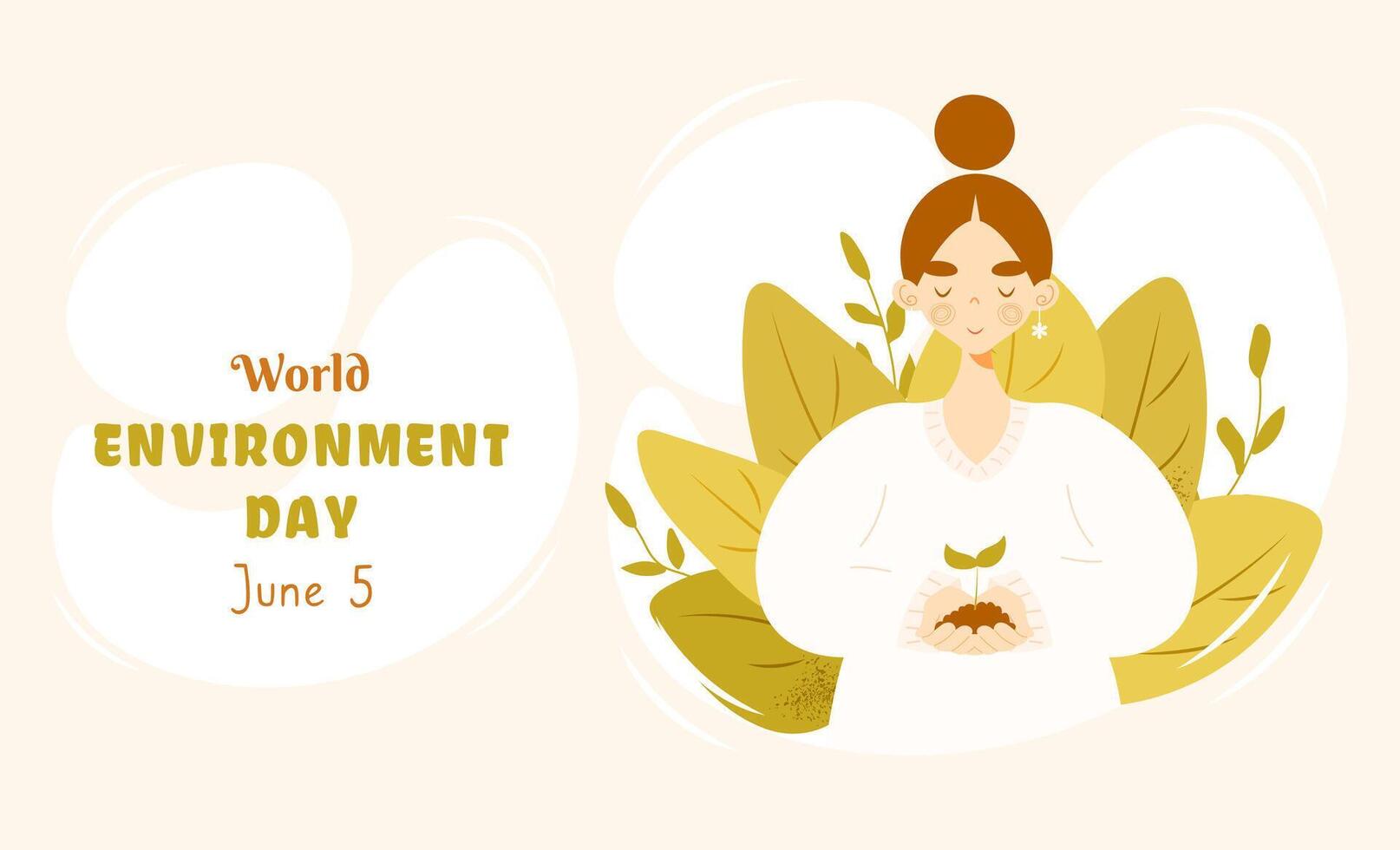 World Environment day concept with girl holding sprout in her hands and green leaves on background. Flat cartoon style. Perfect for horizontal banner, website, poster, card etc vector