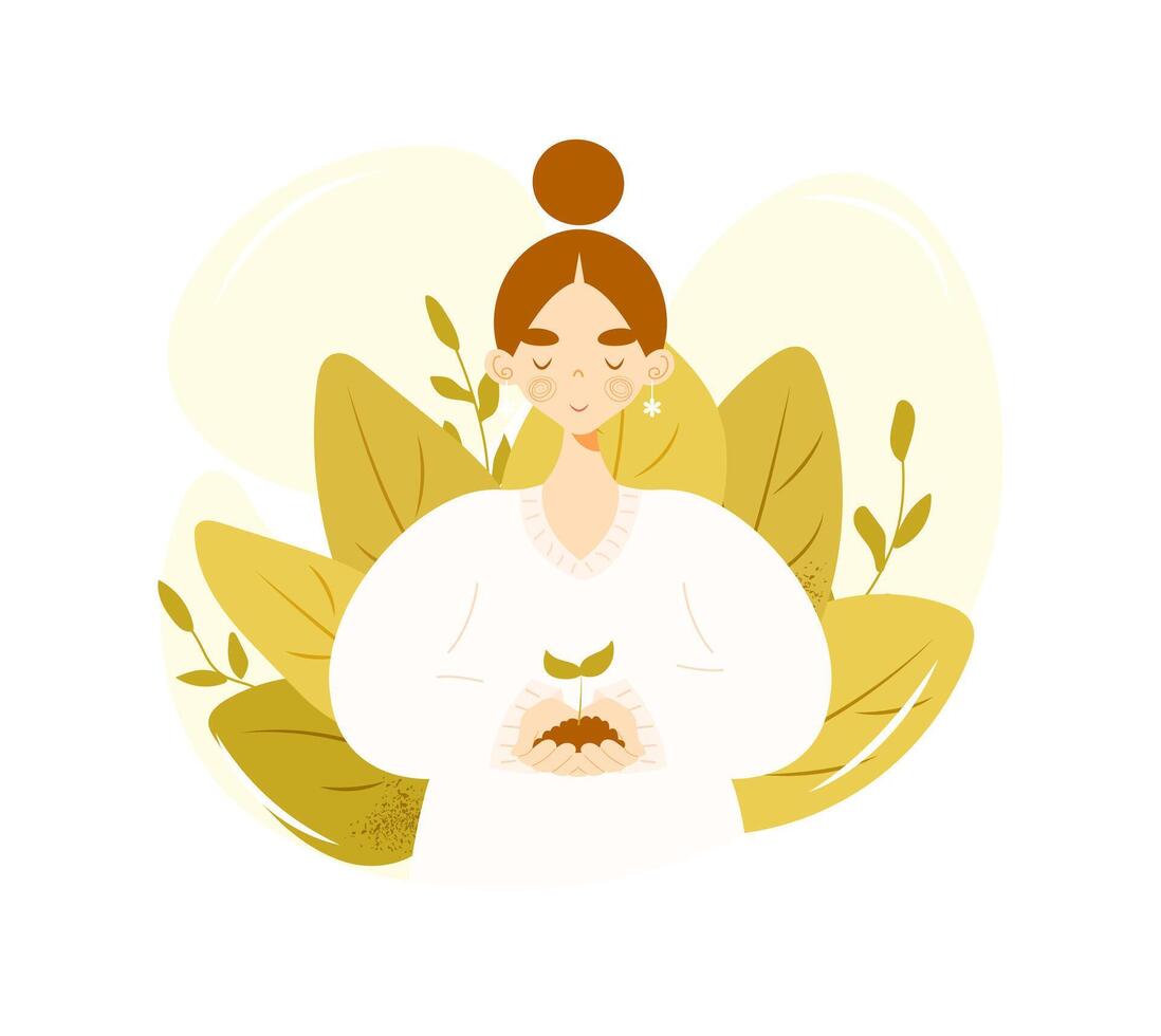 Young girl holding a sprout in her hands isolated on white background. Hand drawn flat cartoon style. Environmental care and eco-friendly concept vector