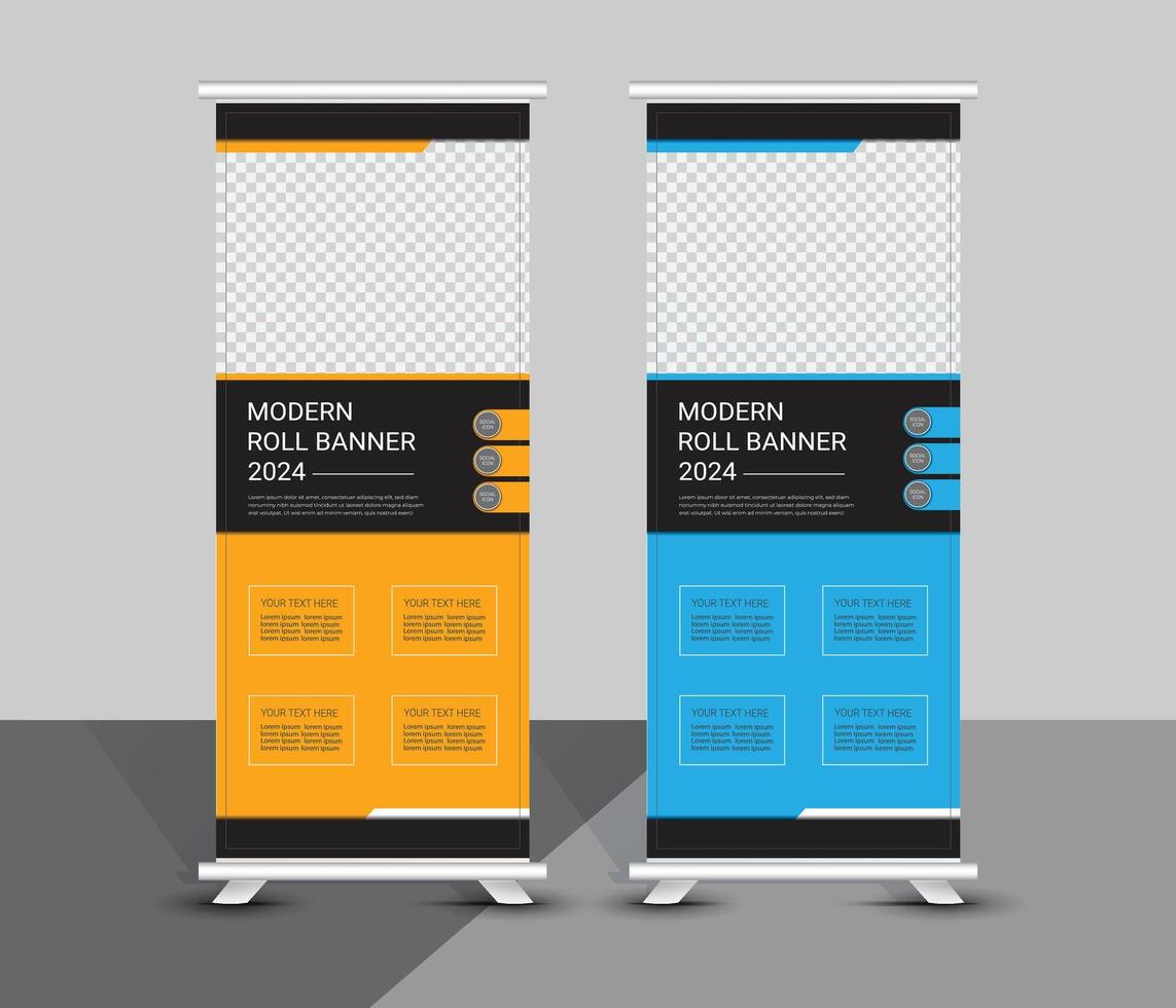 Modern corporate blue and yellow roll up banner template design vector