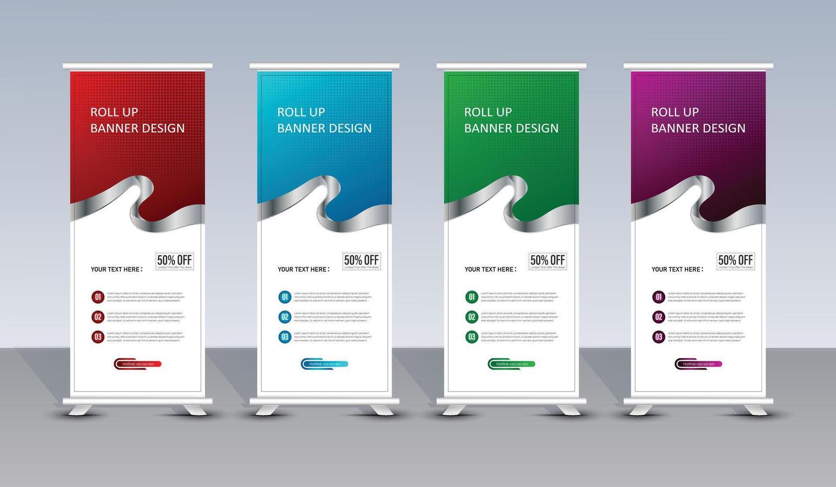 Creative red, green, purple, blue roll up banner template design vector