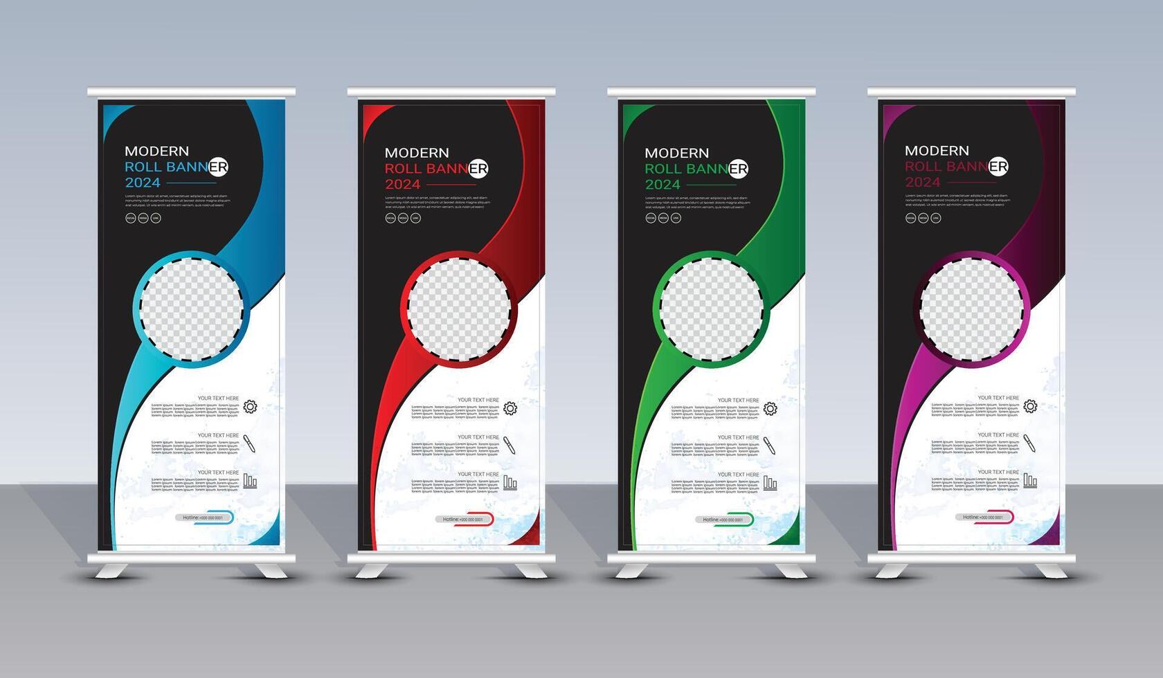 Modern abstract blue, red, purple, green roll up banner template design vector