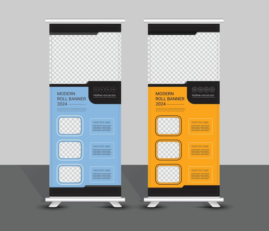 Modern corporate blue and yellow roll up banner template design vector