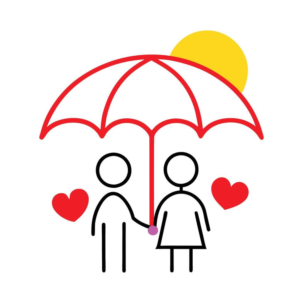 Couple Sharing Umbrella with Hearts Outline vector