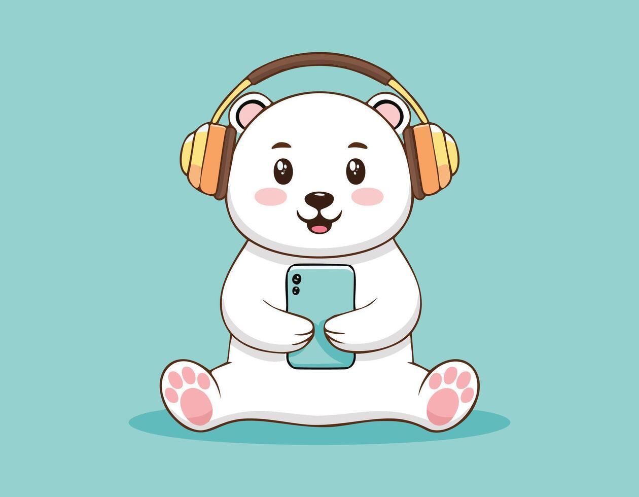 a cartoon polar bear with headphones and a cell phone vector