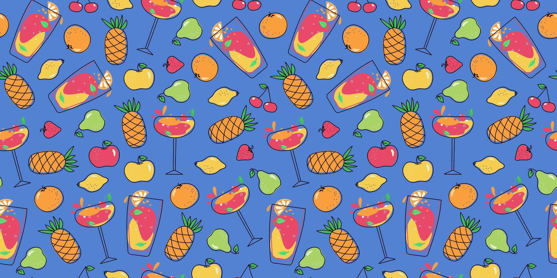 Bright cocktails, fruits pattern. Multicolored drinks in wine glasses. Mixed cold drinks. Fresh exotic tropical juice. Alcohol, lemonade. Repeated, template. vector