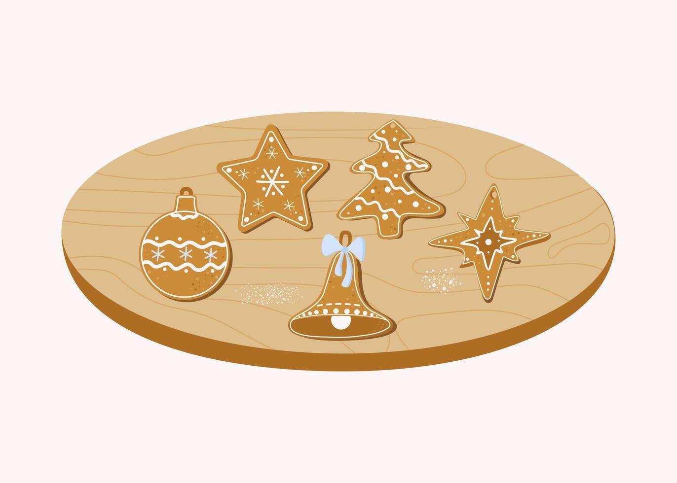 Christmas gingerbread. Stars, fir tree, New Year's ball, bell on kitchen wooden board. Traditional cookies, holiday dessert. Winter holiday. Wooden texture, background vector