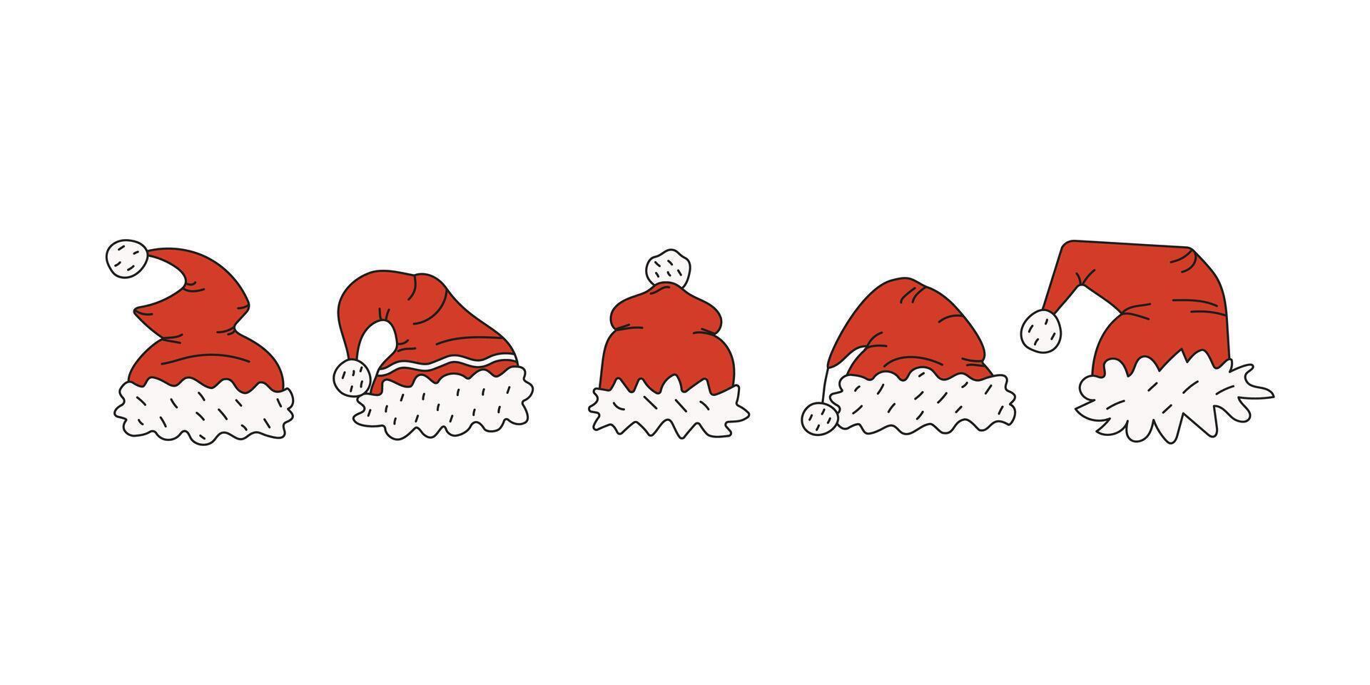 Set different Santa hats. Collection Santa Claus hats drawings. Christmas hats, doodles, funny red caps, hand-drawn graphics. Clothes, holiday party accessories. vector