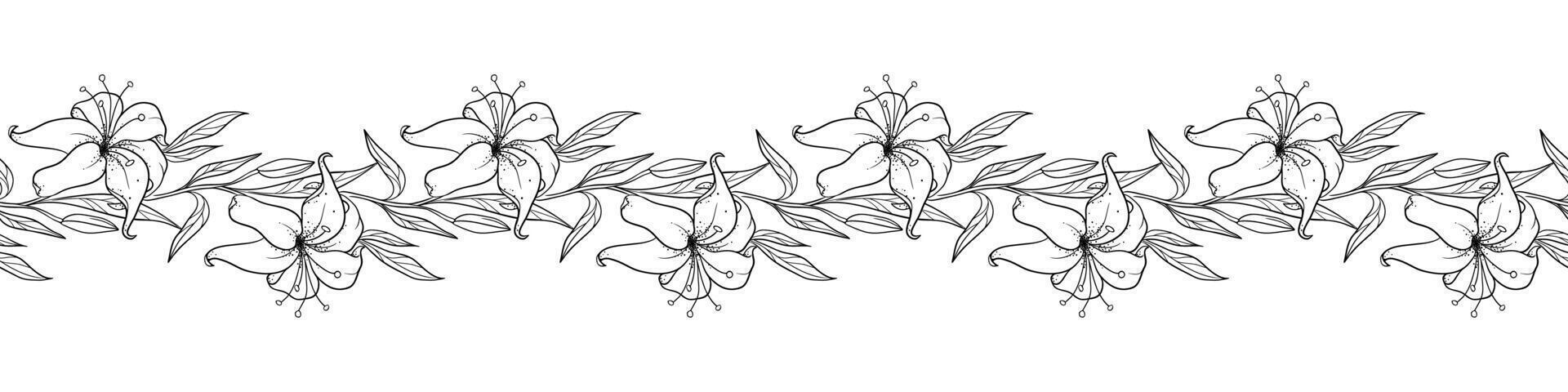Seamless Flower Garland With Painted Lilies vector