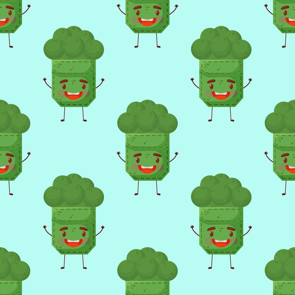 Seamless pattern broccoli shaped patch pocket. Character pocket broccoli. Cartoon style. Design element. Template for your shirts, books, stickers, cards, posters. vector