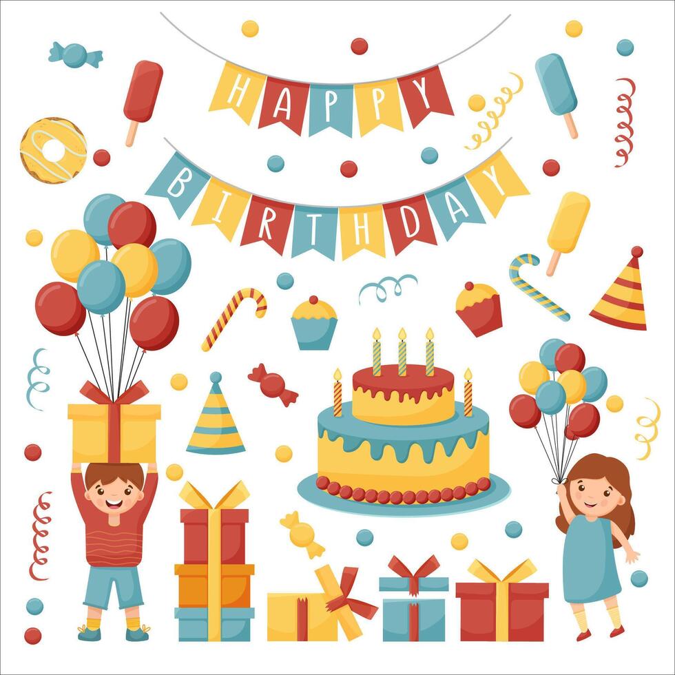 Cartoon birthday party decorations. Gifts presents, sweet cupcakes and celebration cake. Colorful balloons, carnival celebration food and candy. Isolated illustration icons set. vector