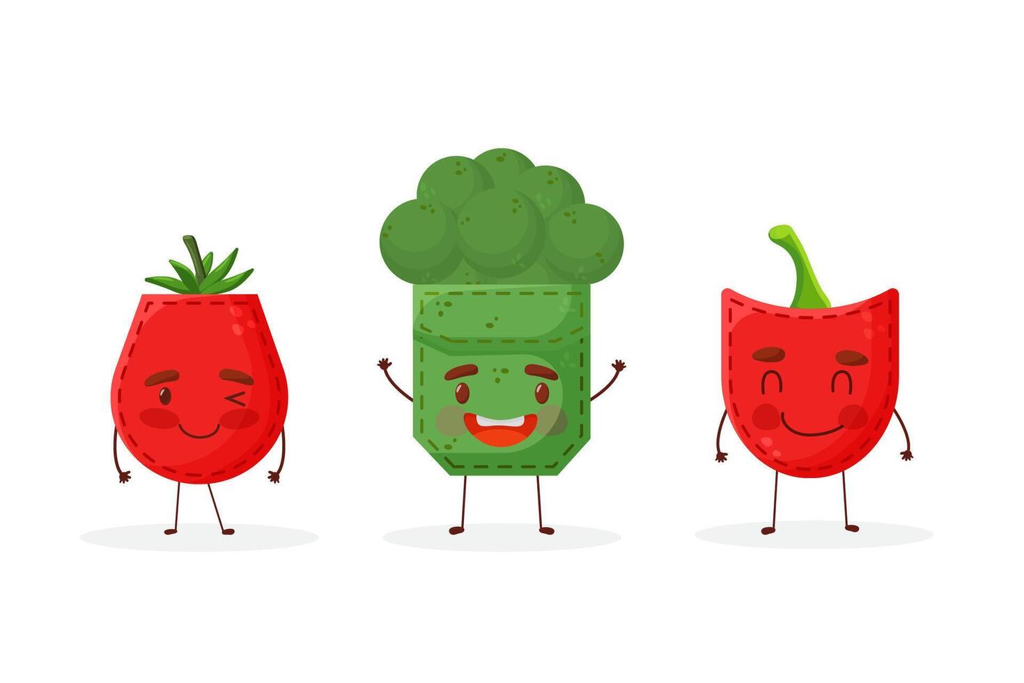 Set paprika broccoli tomato shaped patch pocket. Character pocket paprika broccoli tomato. Cartoon style. Isolated on white background. Design element. Template for your shirts, books, stickers, cards vector