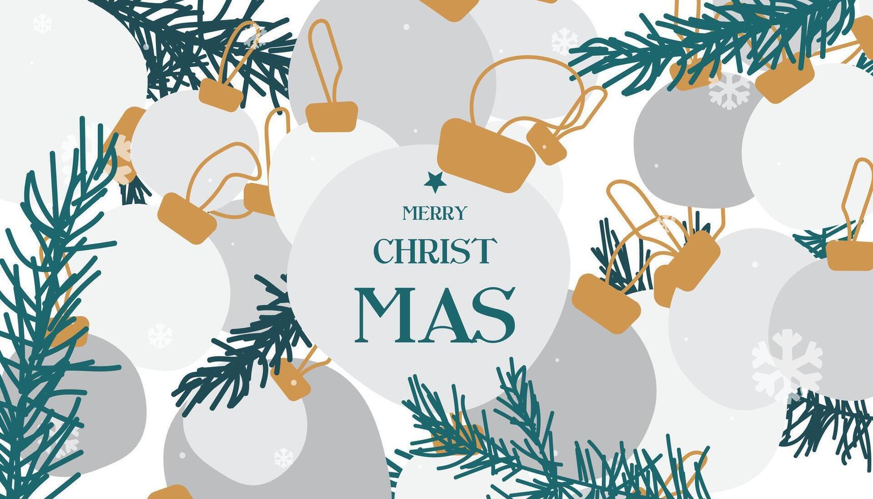 Merry Christmas greeting poster.Christmas tree branches, red balls, snowflake pattern. Modern beautiful Xmas design, Minimal art banner, poster, web cover templates vector