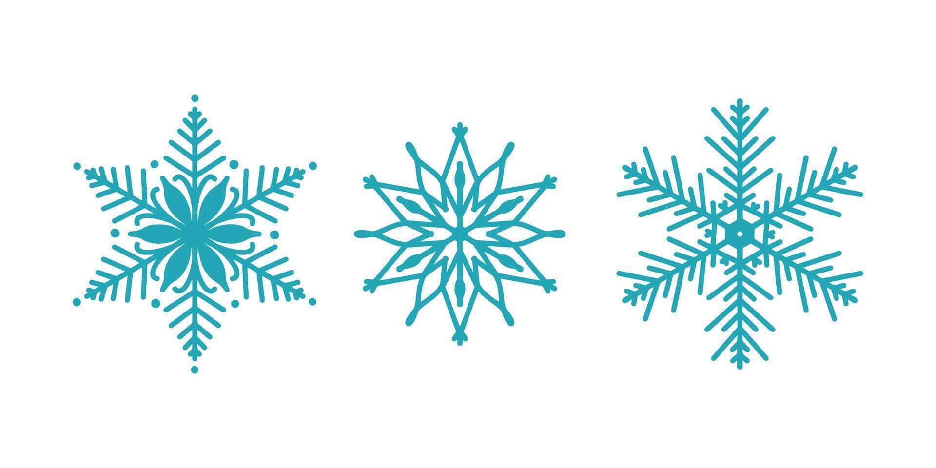 Beautiful snowflakes set, detailed hand drawn flat line illustration. Graphic outline drawing. Christmas and New Year symbol. Unique snowflake silhouette icon for frosty winter design vector