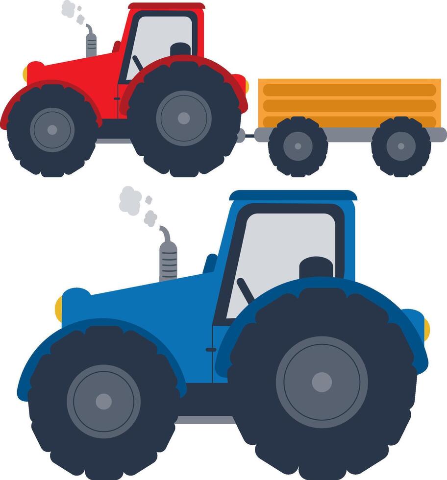 Farmer tractors with trailer on white background. Red and blue tractors with trolley. Agricultural machine vehicles for field work. vector