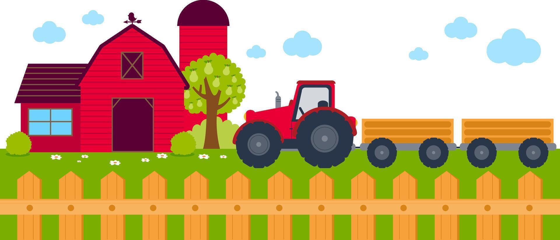 Background banner with barn, farmhouse, wooden fence and tractor with trolley. Country farm banner with barn and tractor. vector