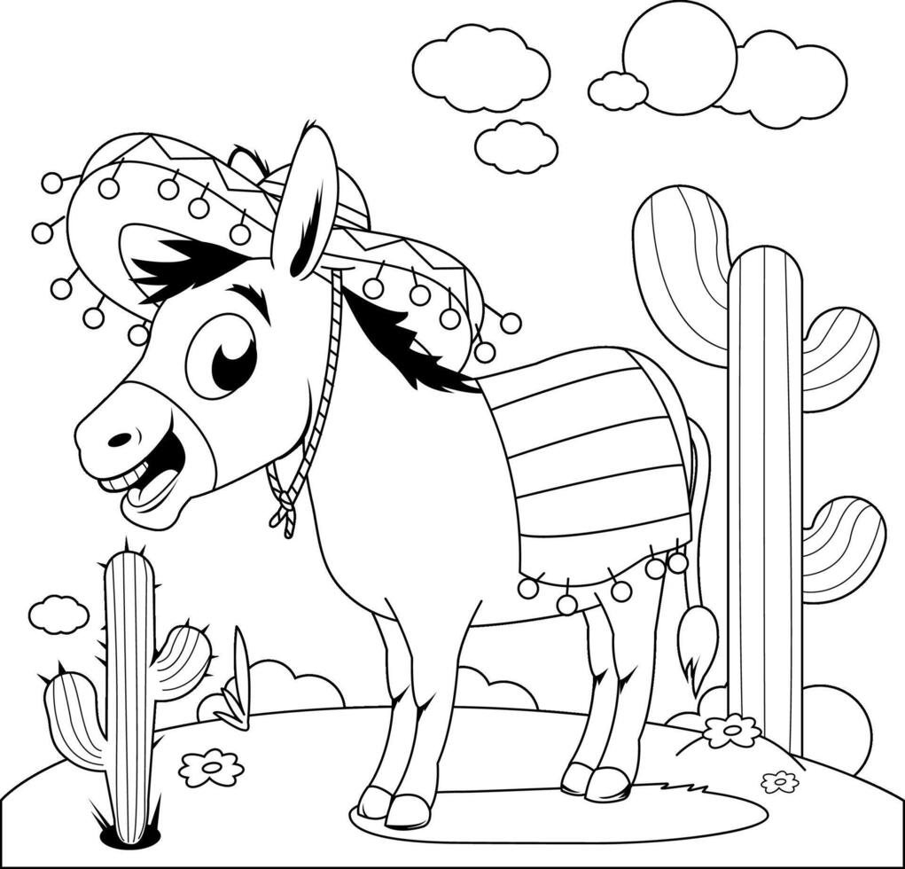 Cartoon Mexican donkey with a sombrero in the desert. Funny mariachi donkey character celebrating Cinco de Mayo in Mexico. Black and white coloring page. vector