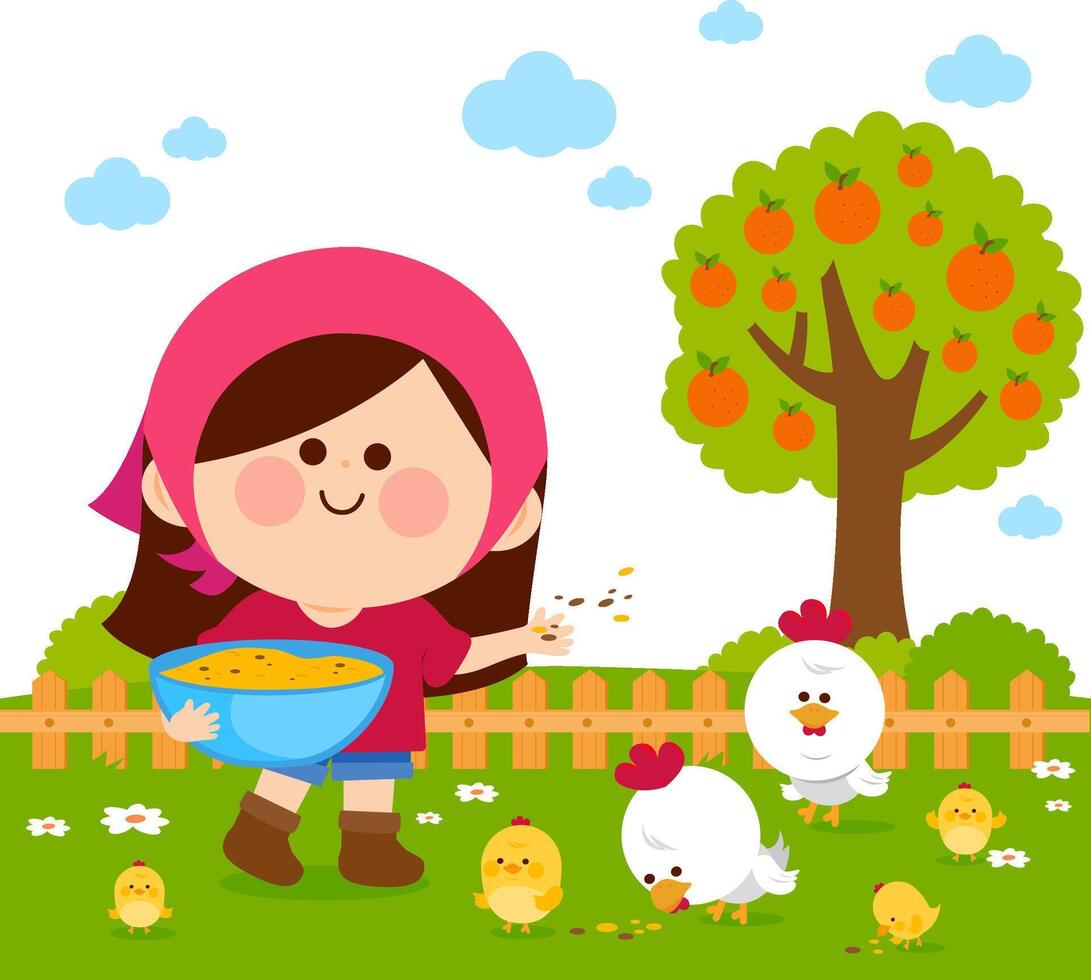 Little farmer girl at the farm feeding the chickens. Happy child at the farm working in the garden field with chicken birds, fence and orange tree. vector