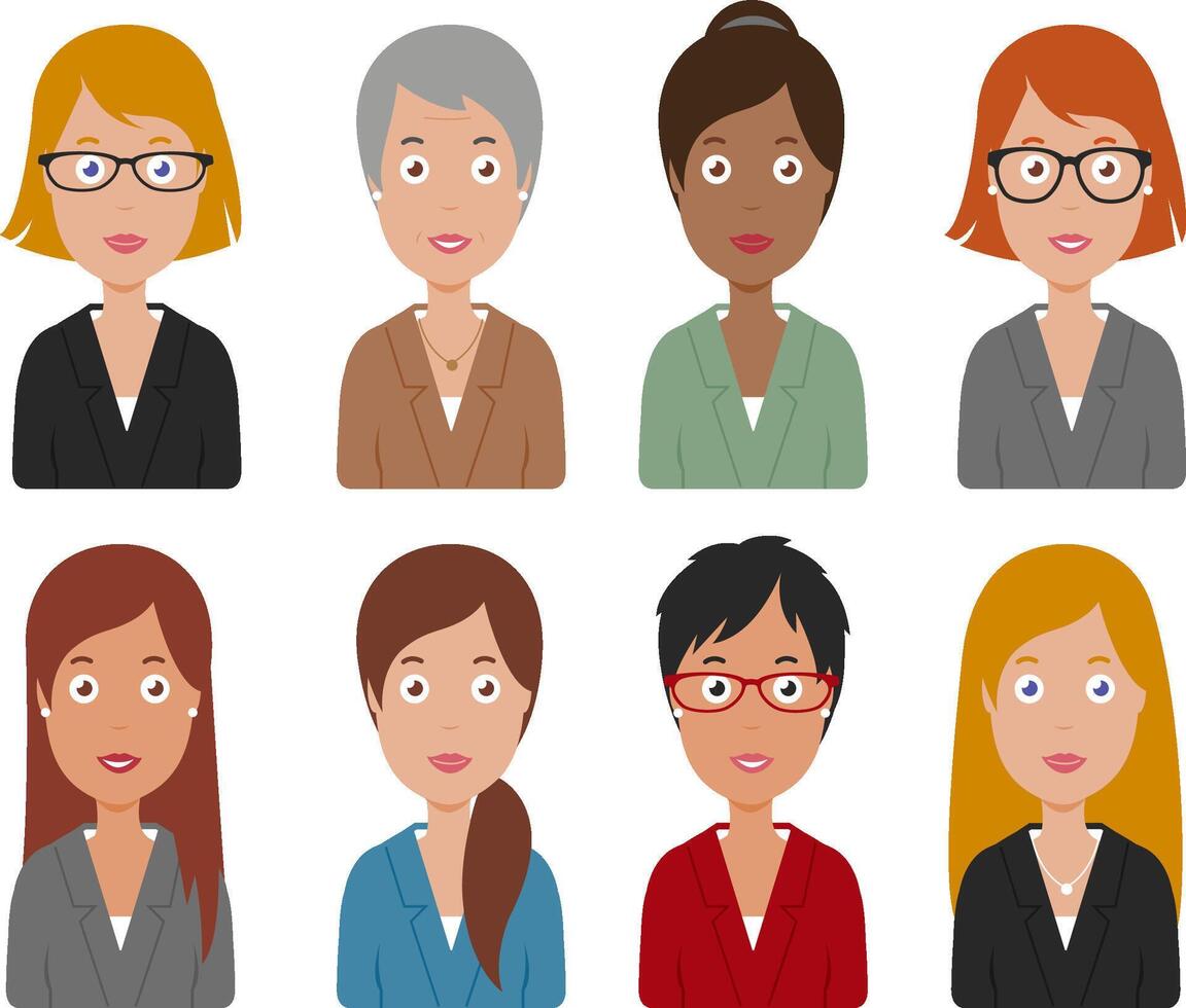 Set of diverse business women. Office multinational team. Icons of diverse company people avatar. vector